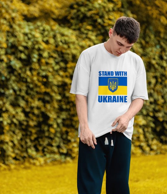 Stand With Ukraine T-Shirt – White with Flag
