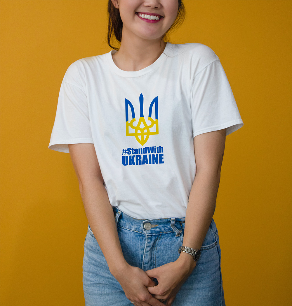 Stand With Ukraine T-Shirt - White with Tryzub